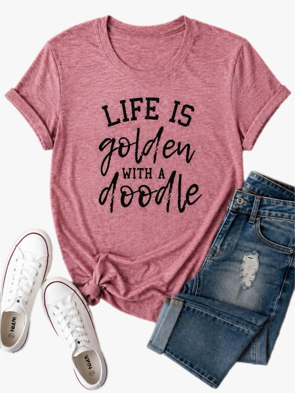 Life Is Golden With A Doodle Tee Women’s Large Pink Dog Lover Graphic Shirt